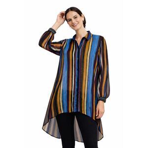 Cupio Sheer Hi-Low Tunic Button Front Multicolor Stripe Metallic Thread Top Sz L